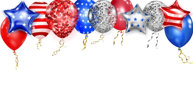 Фон с летающими цветными воздушными шарами в цветах флага сша. иллюстрация к дню независимости соединенных штатов америки