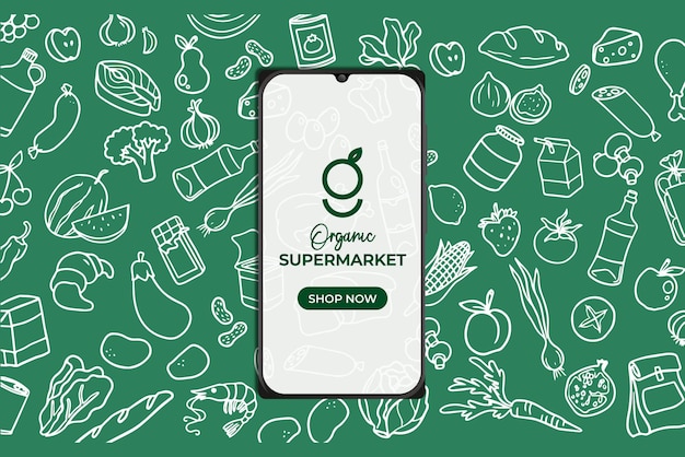 Vector background with food smartphone supermarket