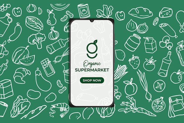 Background with food smartphone supermarket