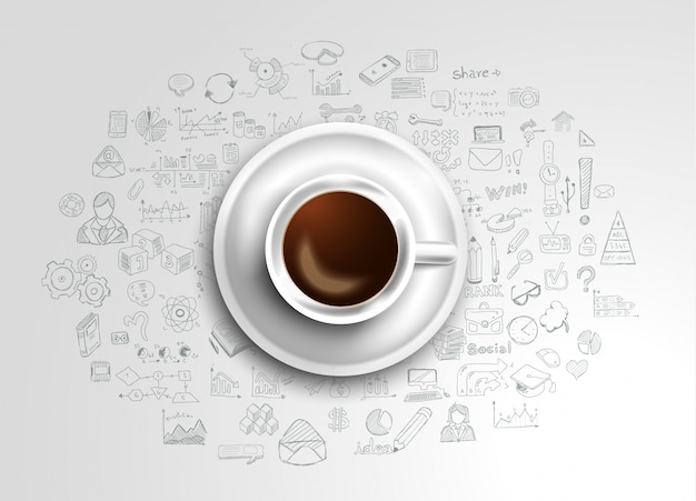 Vector background with a fresh coffee on table with icons