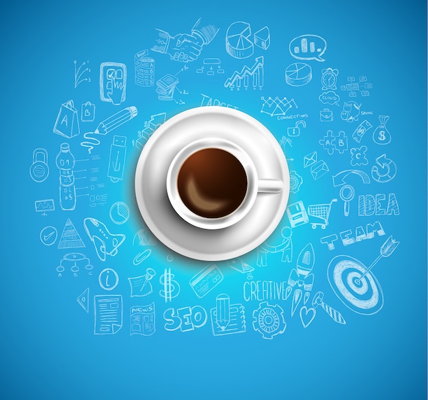 background with a fresh coffee on table with icons