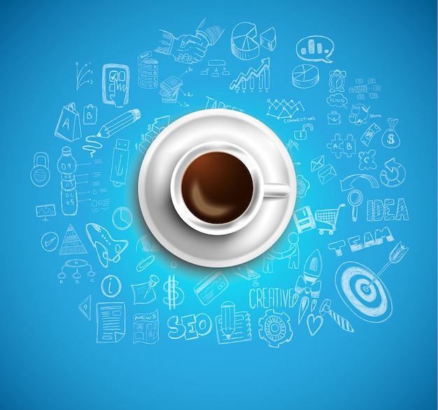 Background with a fresh coffee on table with icons