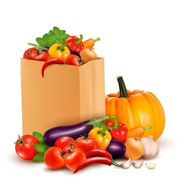 Background with fresh vegetables in paper bag