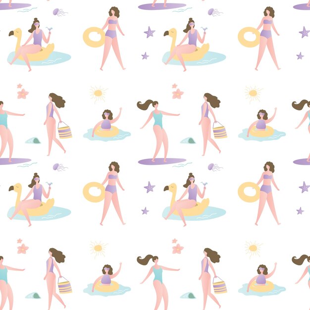 Background with funny vacation girls summer and tropical seamless pattern female characters on beach