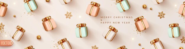 Background with gift box pastel soft pink and blue, white colors. christmas and new year horizontal pattern gifts boxes. realistic 3d design elements. festive banner, web poster, header for website.