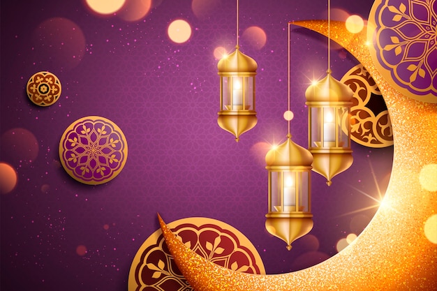  background  with glimmer golden crescent and lantern elements , purple background