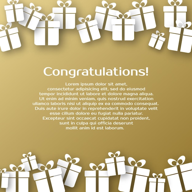 Background with gold gift boxes and text for congratulations