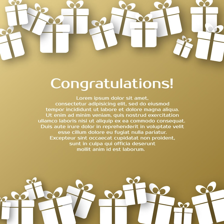 Vector background with gold gift boxes and text for congratulations