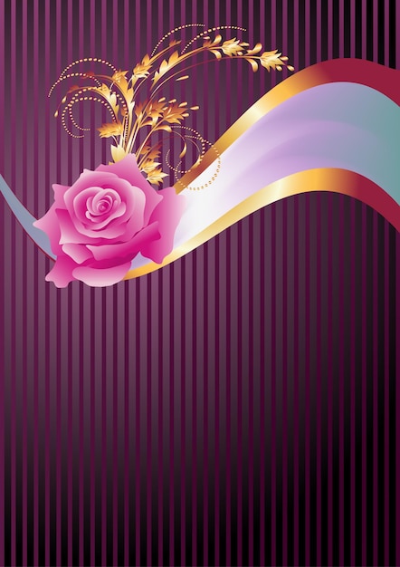 Vector background with golden ornament, rose and elegant ribbon