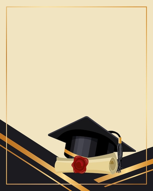 Vector background with graduation cap and papyrus certificate golden black design for graduation diploma