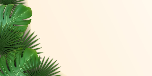 Background with green tropical leaves of palm and monstera.