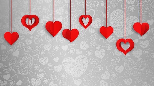 Background with hanging paper volume hearts, red on gray