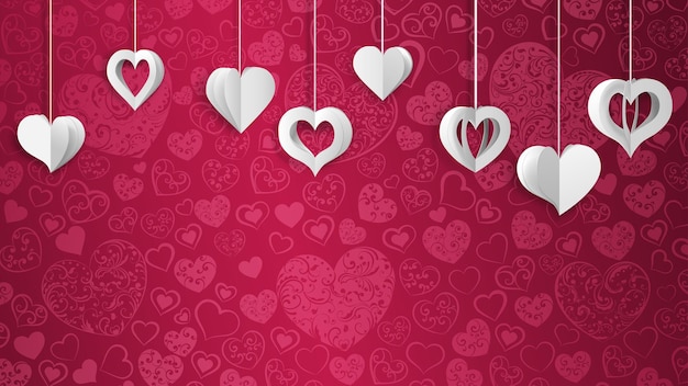 Vector background with hanging paper volume hearts, white on pink