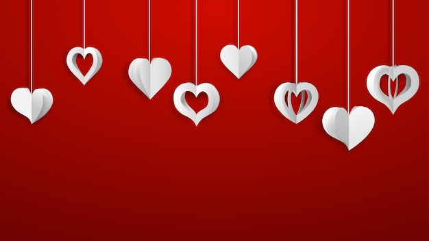 Background with hanging paper volume hearts white on red