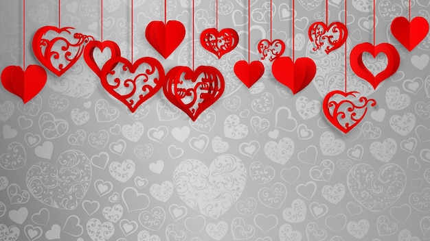 Background with hanging paper volume hearts with curls red on gray