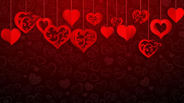 Background with hanging paper volume hearts with curls, red on vinous