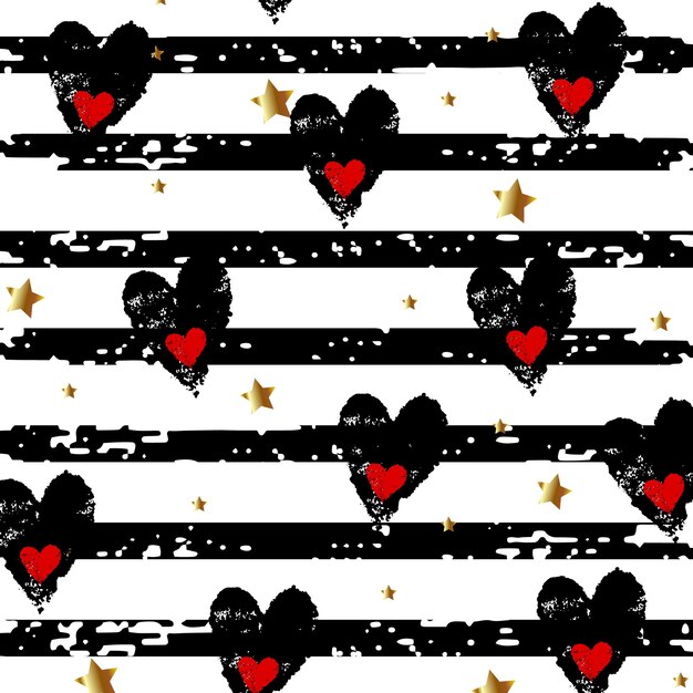 Background with hearts and golden stars on a striped background. vector illustration