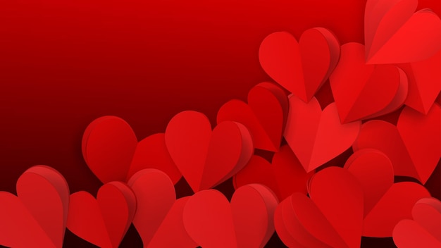 Background with many small paper volume hearts in red colors