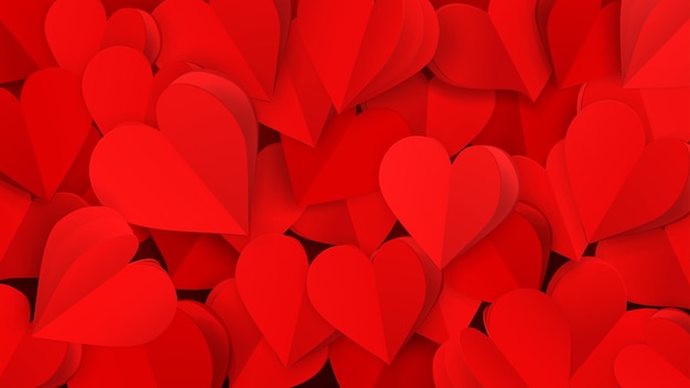 Vector background with many small paper volume hearts in red colors