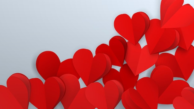 Vector background with many small paper volume hearts, red on white