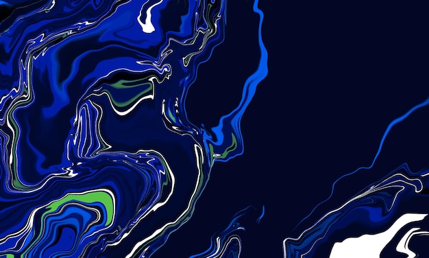 大理石のテクスチャの背景。流れる黒と青の液体塗料。抽象的な波状の汚れ