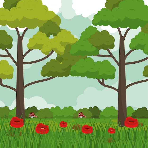 Vector background with meadow with red flowers and forest landscape