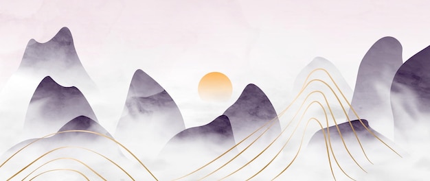 홈 인테리어 디자인 벽지 인쇄용 브러시로 만든 질감이 있는 동양 스타일의 수채화 풍경과 산과 언덕, 황금선이 있는 배경