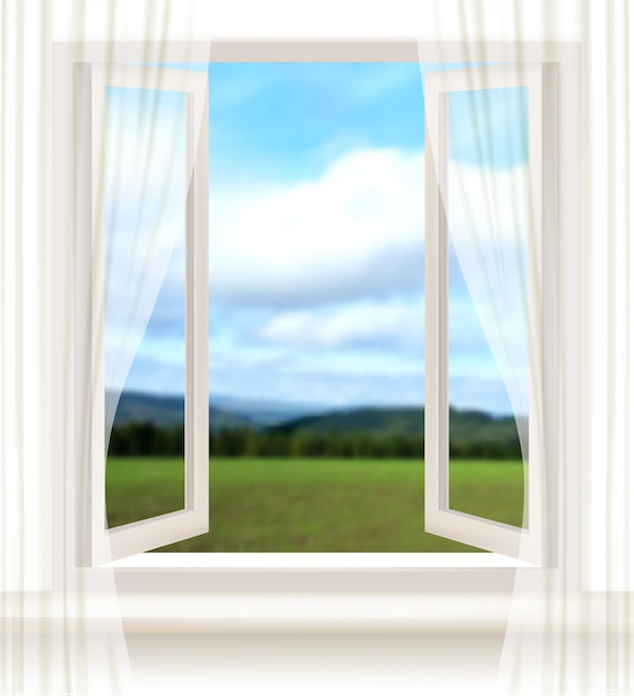 Vettore sfondo con una finestra aperta e un paesaggio.