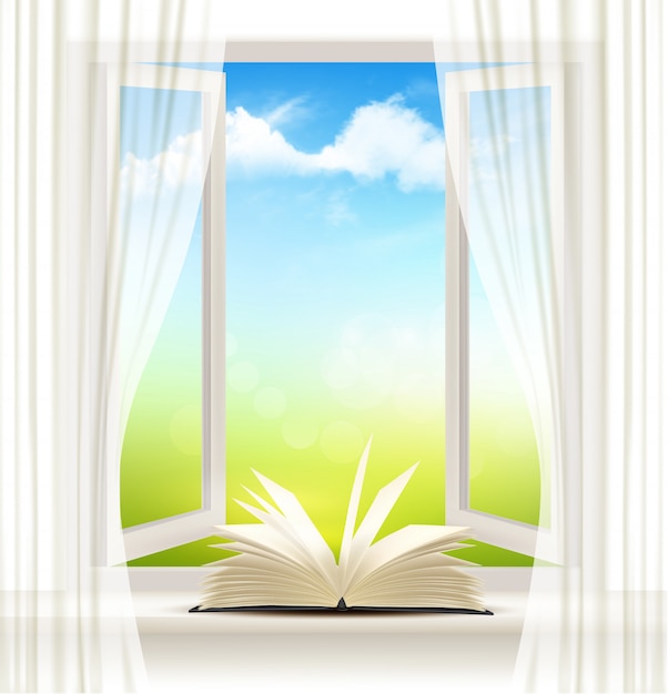 Background with an open window and open book. 