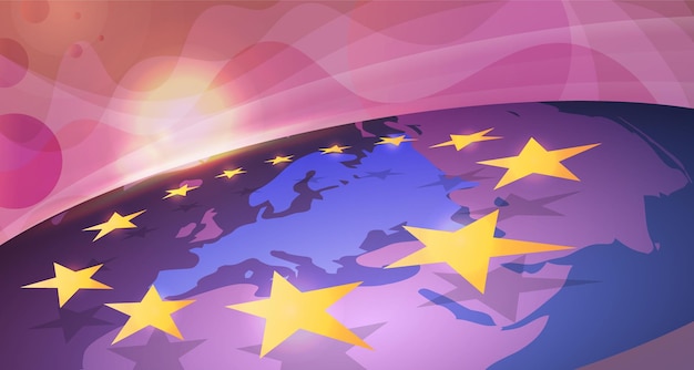 Vector background with the outline of europe on the globe sunrise over united europe european union logo