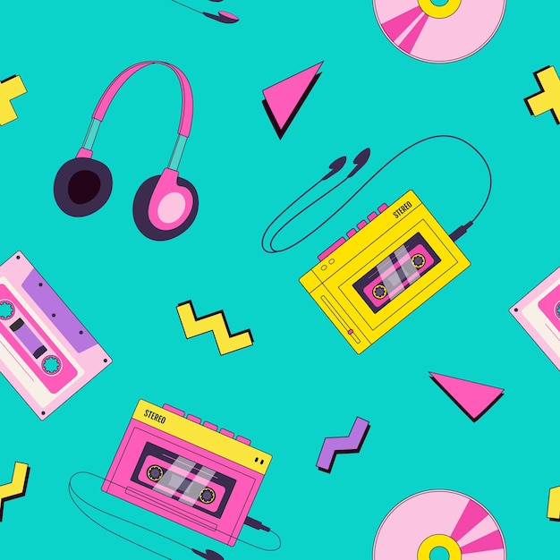 a background with a pattern of old cassettes and a audio player