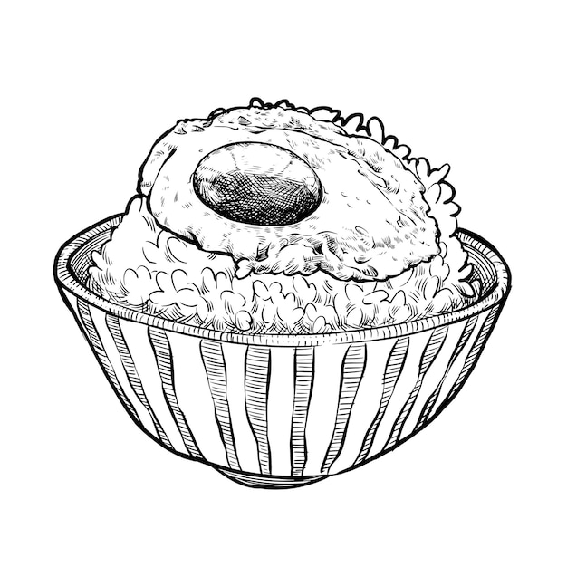 Background with a plate of rice and scrambled eggs on a white background Drawn by hand