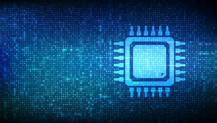 Vector background with processor cpu microprocessor or chip made with binary code