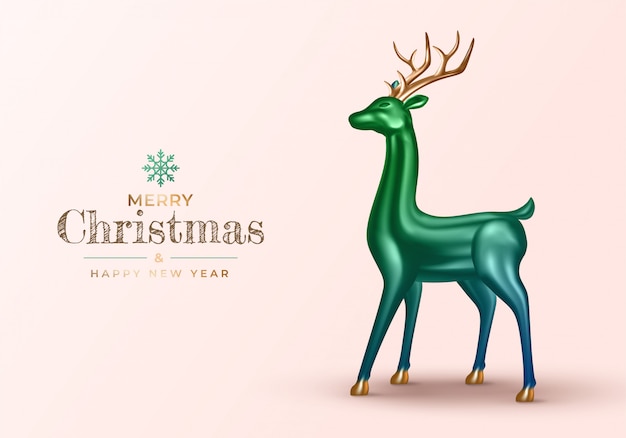 Background with realistic 3d deer. Xmas green metallic with gold reindeer.