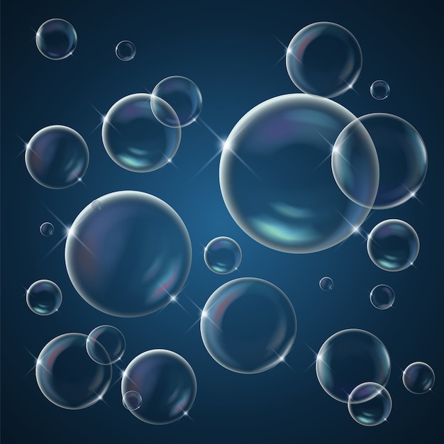 Background with realistic bright sparkling soap bubbles with rainbow reflection