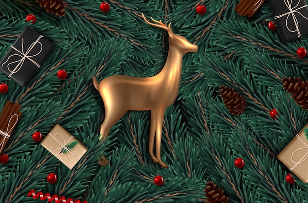 Background with realistic looking christmas tree branches and gold glass deer.