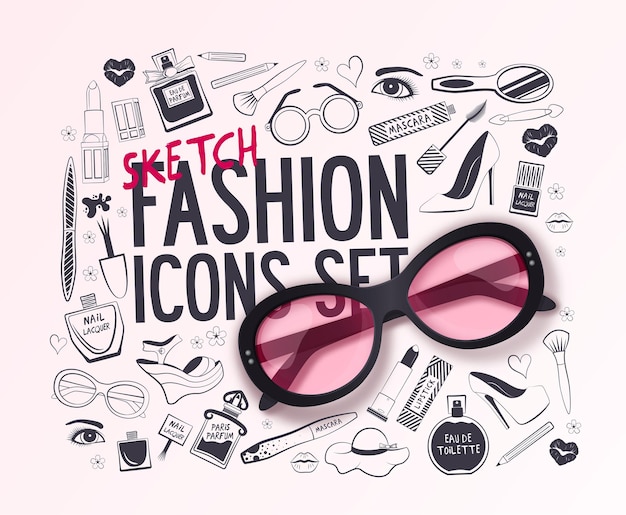 Vector background with realistic sunglass and set of fashion icons