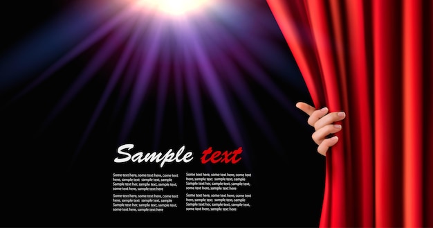 Background with red velvet curtain and hand. vector illustration.