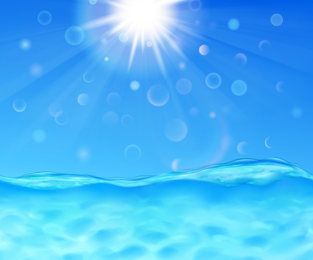 Background with sea wave, blue sky, sun, rays and lens flare