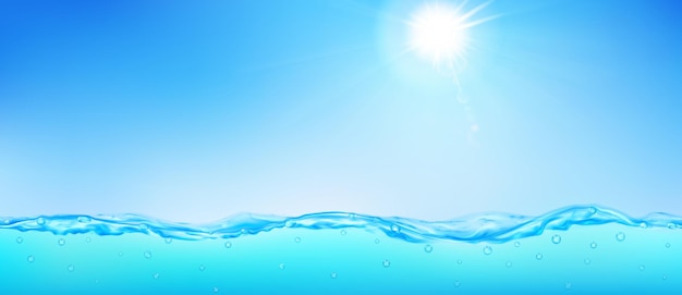 Background with sea wave, blue sky, sun, rays and lens flare