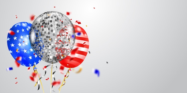 Background with several colored balloons in the colors of the usa flag and pieces of shiny serpentine. illustration for the independence day of the united states of america