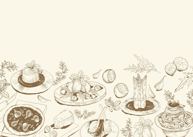 Vector background with sketch of mediterranean food