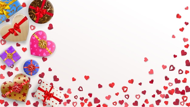 Background with small red hearts and colorful gift boxes with ribbons, bows and various patterns