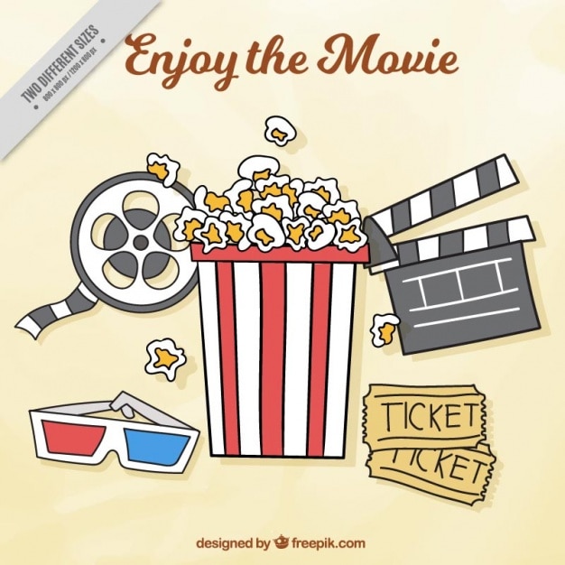 Background with typical elements of cinema and popcorn