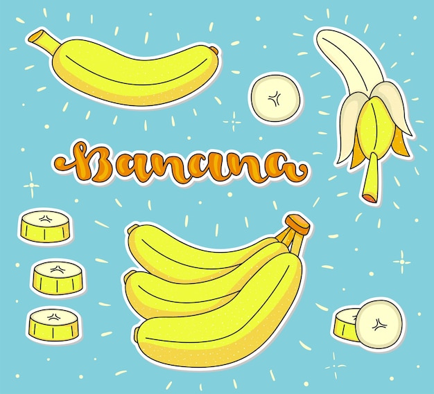 Background with vector hand drawn calligraphy and cartoon banana set