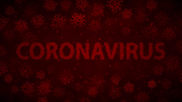 Background with viruses and inscription CORONAVIRUS in dark red colors. Illustration on the covid-19 pandemic.