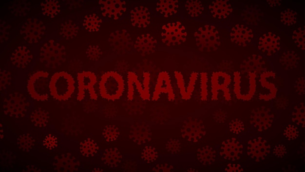 Vector background with viruses and inscription coronavirus in dark red colors. illustration on the covid-19 pandemic.