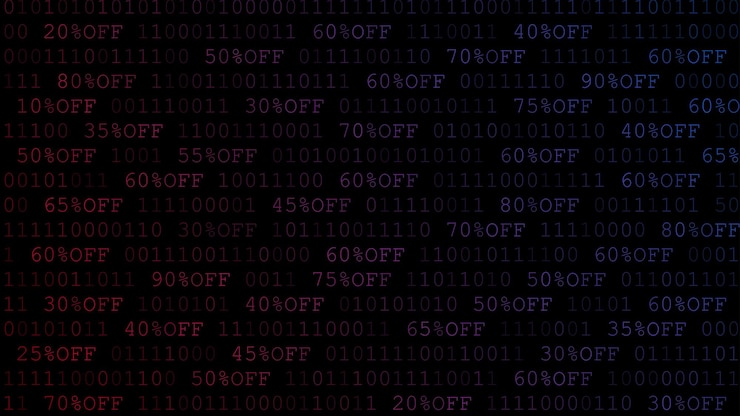 Vector background of zeros, ones and amount of discount in dark red and blue colors