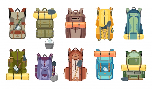 Backpack or rucksack with tourist equipment icons