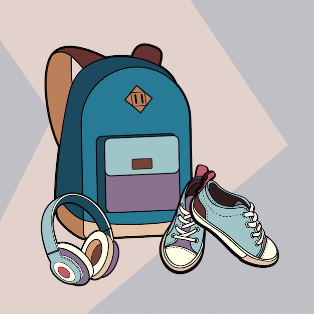 Vector backpack, sneakers and headphones vector isolated set.